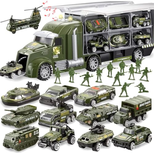 JOYIN Jogo de brinquedos de veículos militares de 14 em 1 com soldado, mini brinquedo de carro de batalha em camião transportador com luzes e som, presentes de aniversário para crianças com mais de 3