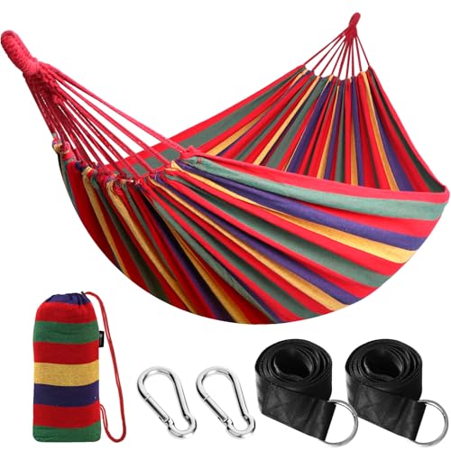 Anyoo Cama de rede de algodão para jardim ao ar livre, cama portátil de lona com cordas, para acampar, capacidade para 200 kg de peso, leve, com bolsa, para jardim, pátio, terraço, praia, viagens de mochila às costas