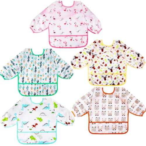 Lictin Conjunto de 5 babetes com mangas, impermeáveis, babete de manga comprida com decote ajustável para bebé