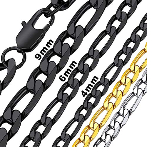 Bandmax Colar com corrente italiana Figaro ligações de aço inoxidável 4/6/9 mm de espessura, 36 cm - 76 cm de comprimento (com caixa de presente)