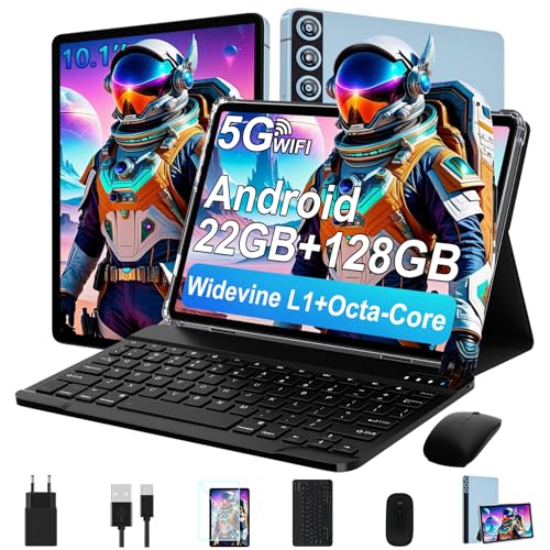 ZIOVO Tablet Android de 10 polegadas, 22 GB RAM+128 GB ROM (TF 1TB), 5G WiFi/Widevine L1/Octa-Core/8000 mAh/corpo metálico/8 + 5 MP/BT 5.0/Tablet 2 em 1 com teclado Lado e rato - Azul