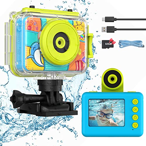 Ushining Câmara com fotos infantis impermeável, 12 MP HD 1080P câmara de ação subaquática com ecrã de 2,0 polegadas cartão de 32 GB TF, presente para crianças 3-12 anos, azul
