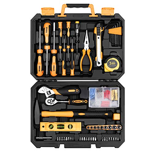 DEKO Caixa de ferramentas completas de 138 peças, conjunto de ferramentas para casa, mala de ferramentas de reparação universal com estojo de plástico, incluído nível torpedo, martelo, chave de fenda