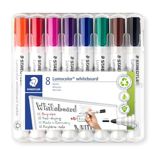 Staedtler Lumocolor 351 WP4 Marcador para quadro, ponta redonda com cerca de 2 mm de espessura de linha, conjunto com 4 cores, seco e livre de resíduos, lavável de quadros brancos