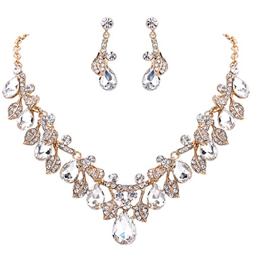 Clearine Conjunto de jóias para mulher conjunto de jóias de brincos pendentes colar chamativo de folha de cacho de gota de cristal nupcial de casamento