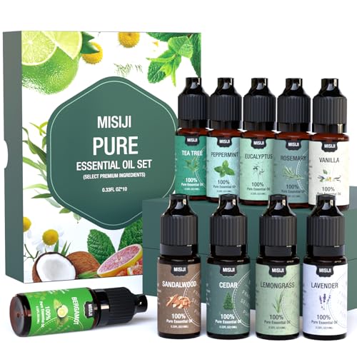 MISIJI Óleos essenciais Set 10 Essências - óleos essenciais para difusor para casa, óleos essenciais para aromaterapia, lavandaria, fabrico de velas e sabão, humidificadores 10 ml/10 pack