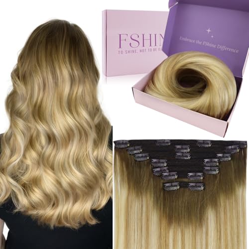 Fshine Clip em extensões de cabelo humano castanho extensões castanho Ombre Honey Blonde mistura loira platina 55 cm extensões de cabelo humano reto 120 g 7 peças cor 6 27 60