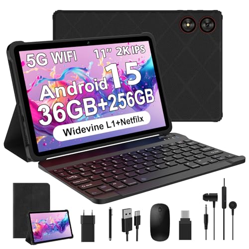 WOREGOO 11 polegadas Android 15 Tablet, 5G WiFi, Octa-Core, 36 GB RAM+256 GB ROM (1TB TF), 2000 x 1200 FHD Display, Widevine L1/8 + 13 MP/8000 mAh/GMS/GPS, Com teclado + Rato (preto)