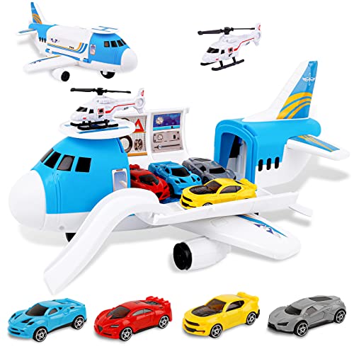 m zimoon Aviões de brinquedo, jogo avião de transporte com 4 carros de brinquedos e 1 helicóptero, jogos e brinquedos para crianças educativas, presente para meninos e meninas com idade 3 anos