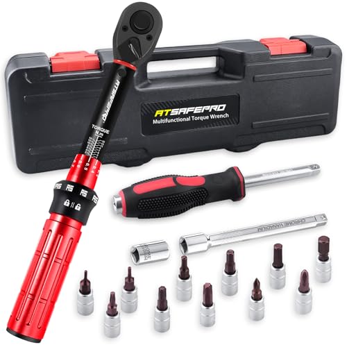 ATsafepro Chave dinamométrica 1/4', 1-15 Nm kit chave dinamométrica bicicleta 17 peças com 11 pontas, chave de fenda, porca 1/4', adaptador de 3/8'' e extensão de 4 polegadas, precisão ± 3%