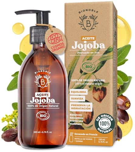 Bionoble Óleo de jojoba orgânico 200 ml - 100% puro, natural e prensado a frio - rosto, corpo, cabelo, barba, unhas - vegano e cruelty free - Jojoba Oil - garrafa de vidro bomba