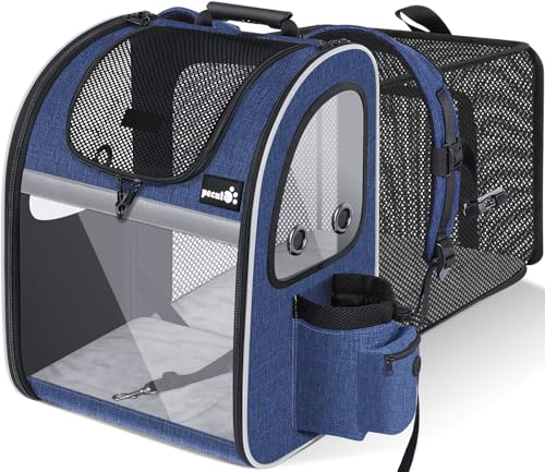 Pecute Transporte para gatos, mochilas para gatos e cães, bolsa para animais de estimação expansível e dobrável, 15 kg de carga máxima, para viajar de comboio/carro/avião, cinzento