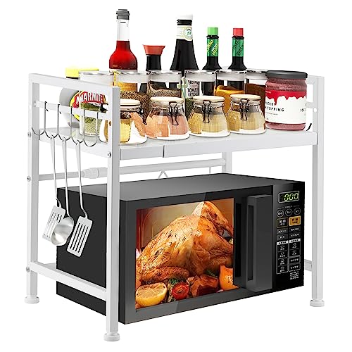 YunNasi Suporte extensível para forno de micro-ondas prateleira para micro-ondas de aço carbono com 10 ganchos organizador estante para bancada de cozinha (branco 1)