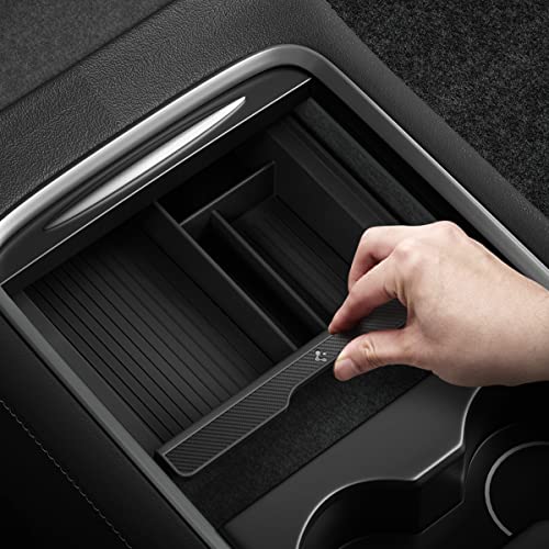 Spigen Tesla Model 3 2021-2023 e Model Y (~2024) bandeja organizadora da consola central acessórios de interior com tecnologia Smooth Slide, apoio de braço flocado para o interior do carro - Carbon