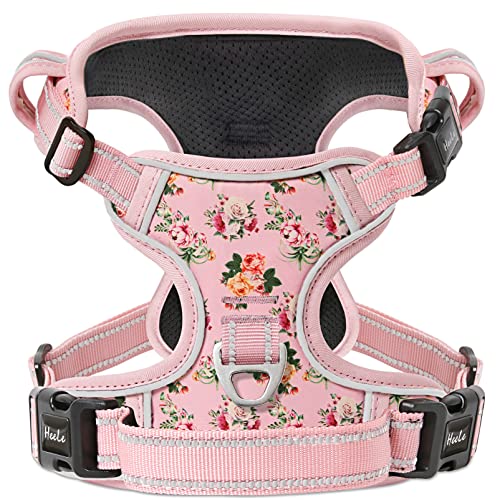 HEELE Arnês antipuxões para cão - colete refletor com estampado floral rosa, ajustável, alça acolchoada, conforto, liberação do pescoço - para cães grandes, tamanho L