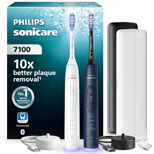Philips Sonicare 7100 Escova de dentes elétrica, sónica com 4 modos de escovação e 3 níveis de intensidade, EasyStart, branco e azul-marinho, embalagem de 2, HX7429/01 [nova tecnologia]