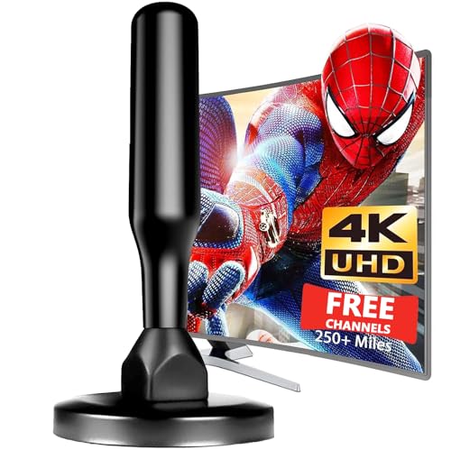 Antena de TV interior de alta recepção 2025 - antena de receção de 360° com base magnética - compatível com VHF/UHF/DVB-T/DVB-T2 - sinal claro e estável para Smart TV e televisores