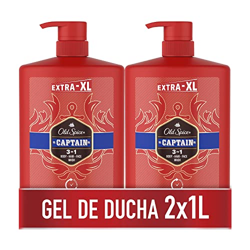 Old Spice Captain Gel de duche e champô para homens 2 x 1000 ml, gel para rosto, corpo e cabelo 3 em 1 multifunções, frescura duradoura, fragrância excecional, limpeza profunda