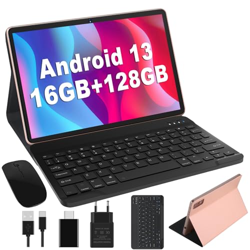 Tablet de 10 polegadas Android 13 16 GB RAM+128 GB ROM (1TB TF) memória Flash UFS, 8 cores 2,0 GHz, WiFi 5G, Bluetooth 5.0, AGPS, Google GMS, 13 MP+5 MP, bateria de 8000 mAh, com Capa T Escudo e rato
