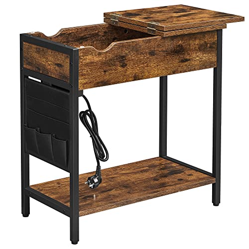 VASAGLE Mesa auxiliar com multitomada, mesa lateral estreita com portas USB, sacos, mesa de cabeceira, para sala de estar, quarto, castanho rústico e preto LET311B01