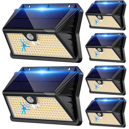 Giliwosy Focos LED exteriores solares, 6 pacotes/3 modos: luzes solares com sensor de jardim de movimento, 185 LED, luz solar exterior, IP65, impermeável para jardim, garagem, pátio, portas (branco