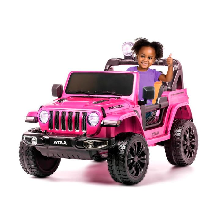 ATAA Carro elétrico infantil 4 x 4 Raider 12 v, carro infantil com rodas de borracha, assento de pele e comando para pais (rosa)