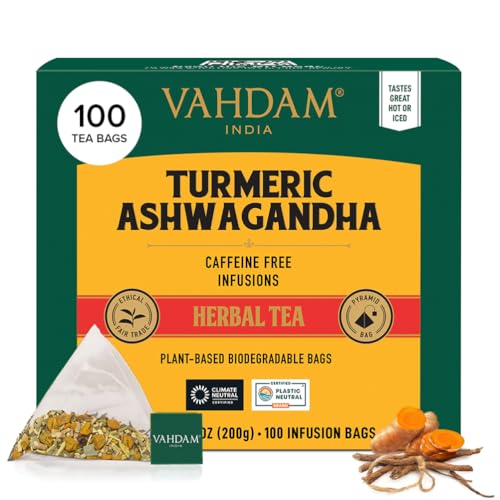 VAHDAM, Turmeric Ashwagandha Tisana (100 sacos de chá pirâmidais) livre de cafeína | açafrão e especiarias frescas, 100% pura e natural | quente, frio ou como Kombucha