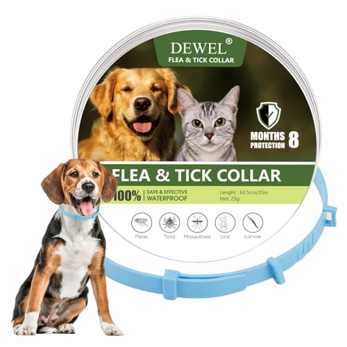 DEWEL Coleira antiparasitas para cães grandes médios e pequenos, coleira contra pulgas e carraças para animais de estimação 6-8 meses, coleira anti-derrame impermeável e cortável de 61 cm (azul)
