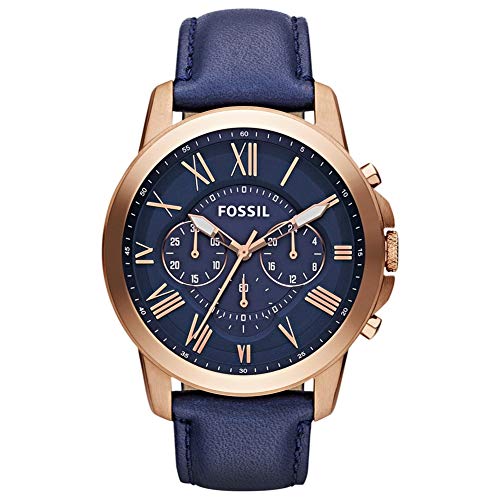 Fossil Relógio para homem Grant, movimento de quartzo, caixa de aço inoxidável prateada de 44 mm com correia de couro, FS5210IE