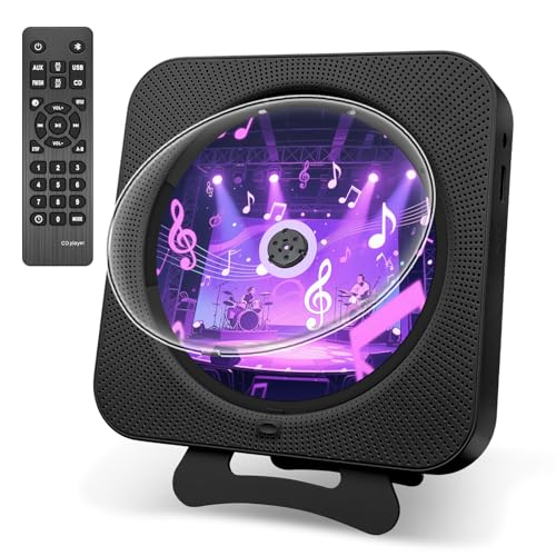 Canareen Leitor de CD portátil Bluetooth, leitor de CD com ecrã LCD, cobertura antipoeira, música leitor com altifalantes duplos, rádio FM, com suporte de reprodução USB/AUX, preto