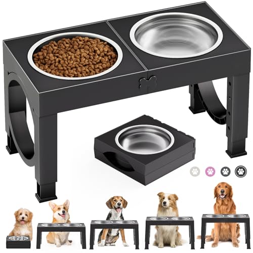 X XBEN Alimentador de cão elevado, porta-moedas ajustável de 5 alturas, 2 x 1 l, porta-moedas e bebedor de cães, alimentadores elevados para cães pequenos, médios e grandes, dobrável e antiderrapante