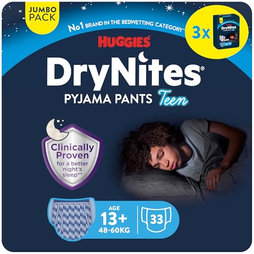 Huggies DryNites Fraldas de noite para crianças de 13 (48 a 60 kg), clinicamente testadas com 5 camadas de máxima proteção noturna, 3 pacotes de 11, total 33 cuecas absorventes