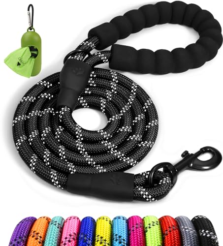 Taglory Trela de cão, trela forte de cão para cães grandes com cabo acolchoado macio e fios refletores, 1,2 m x 1,2 cm, preto