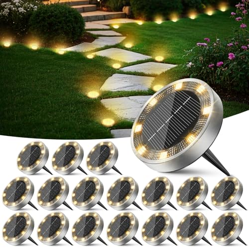 Peasur 18 Pacotes luzes solares LED para exteriores, jardim, chão, 8 LED luz solar exterior e jardim, IP65 luzes solares impermeáveis para pátio, caminho, relva, branco quente