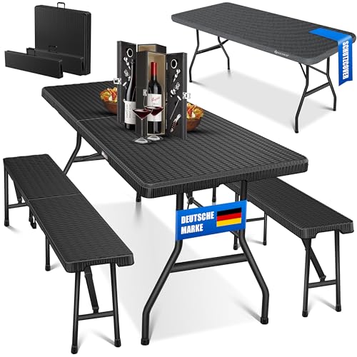 KESSER® Conjunto de loja de cerveja - Conjunto de 3 peças, mesa 2X banco, mesa dobrável, plástico, conjunto de jardim com aspeto de vime/dobrável, alças de transporte, 73 x 180 x 75 cm, preto