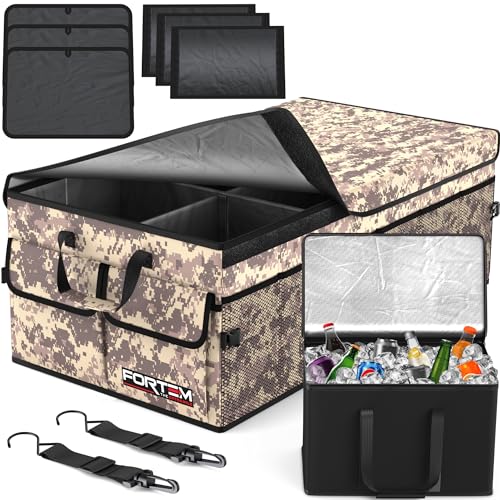 FORTEM Organizador de mala de carro e SUV - caixa dobrável com 3 compartimentos extra grande com bolsa de frigorífico - base antiderrapante - correias ajustáveis - tampa removível (deserto)