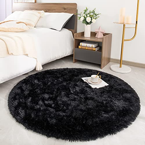 ROHATIM Tapetes de sala redonda de cabelo comprido tapete de quarto quarto lavável tapete antiderrapante muito macio para sala de estar ou quarto, tapete esponjoso de cama (preto, Ø 120 cm redondo)