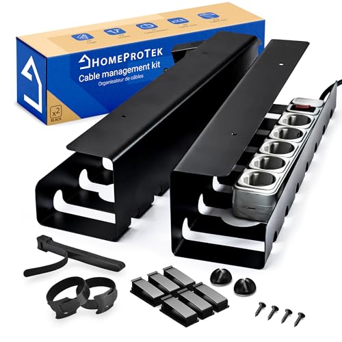 HOMEPROTEK Organizador de cabos secretária para organizar cabos, x 2 bandeja cabos secretária preta para esconder cabos no seu escritório ou em casa - Cable Organizer for Desk Cable Management