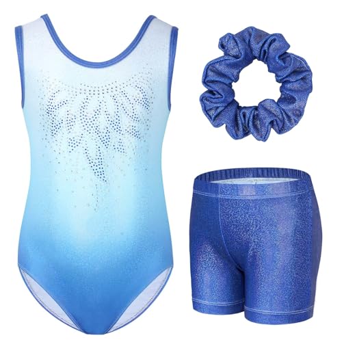 Gogokids Conjunto de ginástica de três peças para menina, decote em Y, sem mangas, com calções e bandana, fato de ginástica com design de blocos de cor azul e roxo, 3-12 anos
