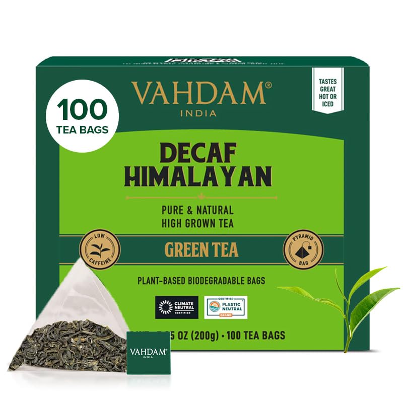 VAHDAM Chá verde descafeinado do Himalaia, 100 sacos pirâmidais, sem cafeína | verde premium da Índia, folhas naturais, chá de altura, embalado na Índia