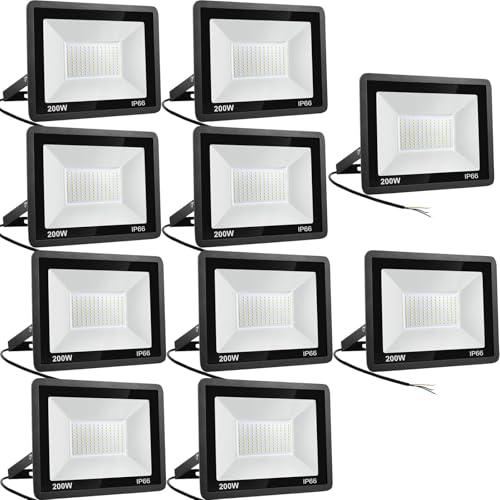 Niserelesa 10 unidades - holofotes LED para exterior, 200 W, IP66 impermeável projetor LED, branco frio, 6500 K, 20000 Lumen Floodlight para casa, garagem, pátio, terraço, campo