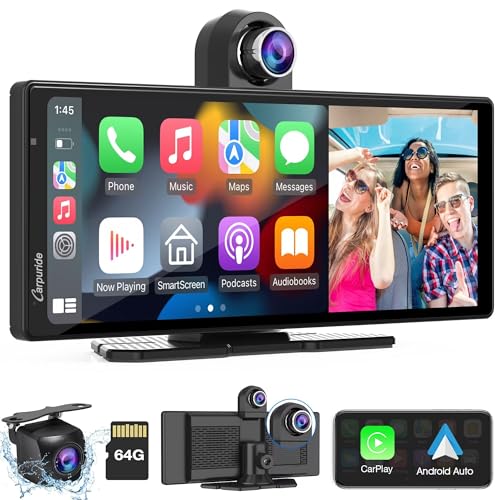 Carpuride W903 Carplay sem fios portátil e Android Auto com Dash CAM - ecrã HD IPS de 9,3, câmara frontal e traseira 4K, gravação em loop, Bluetooth, Mirror Link, GPS, Siri, placa montada