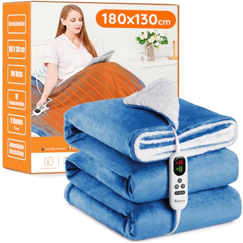 Cobertor elétrico grande térmico para cama 130 x 180 cm, 10 níveis de calor e temporizador de desligamento automático de 1 ~ 9 horas para proteção, ecrã LED, para cama casa e escritório, flanela