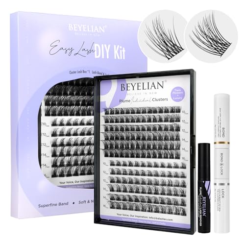 BEYELIAN Pestanas Posgiz Cluster Lash Kit D+ Curl, 156 peças, Cluster Lashes, Individual Lash Clusters, Eyelash Applicator Tool, Bond and Seal Lash Kit Remover (Twin Flowers Luxury)