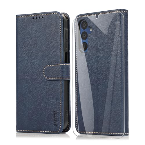 SMYTU Capa para Samsung Galaxy A15 4G / 5G (6,5") vidro temperado, Flip magnético Case PU couro carteira capa livro capa para Samsung Galaxy A15 4G / 5G - azul