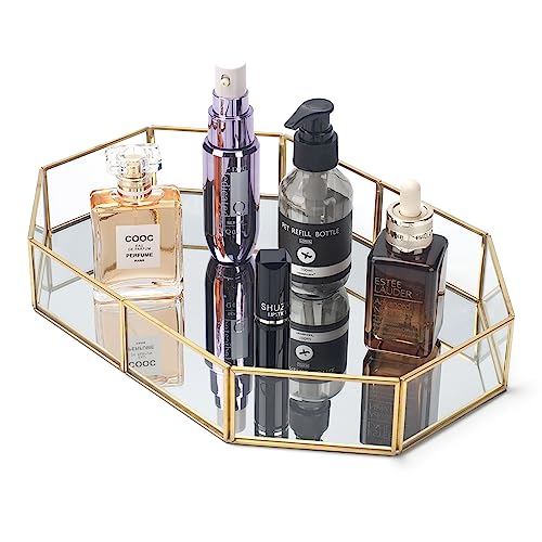 Bandeja de vidro com espelho, bandeja de ouro, bandeja de maquilhagem, bandeja de perfume, bandeja de vidro dourado, organizador cosmético, bandeja decorativa de casa de banho, confortável