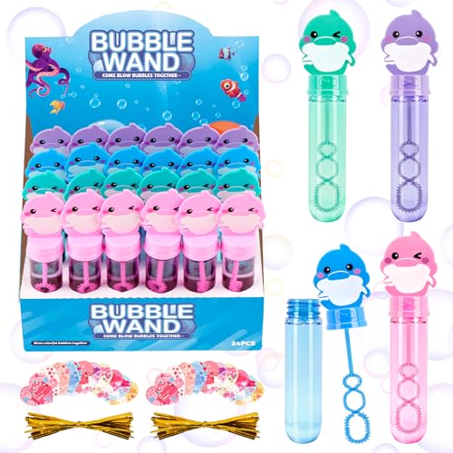 ilauke 24 Bolhas de sabão com design de golfinho em 4 cores, 30 ml varinhas de bolhas grandes a granel para crianças com 24 cartões e correias para casamentos, festa, aniversário, criança, despedida