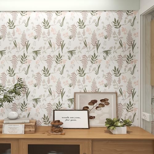 Yangfix Papel de parede autocolante verde, rosa e cinzento flores e folhas descolar e colar papel de contacto impermeável e removível rolo de vinil para cozinha 44 x 500 cm