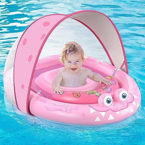 URMYWO Flutuador para bebés com toldo de proteção solar SPF50 removível flutuadores para crianças recém-nascidos assento de natação ajustável flutuador de piscina para 3-36 meses