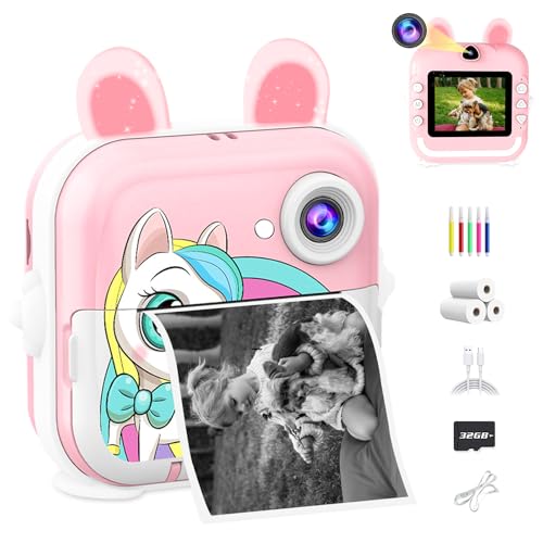 CATGIFF Câmara fotos infantis instantâneas, 1080P HD câmara fotos infantis com cartão de 32 G canetas coloridas e papel de impressão, presentes para meninos e meninas 3 a 12 anos-rosa